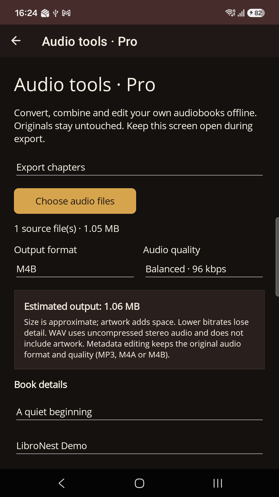 LibroNest 1.2.0 audio tools on Android, shown in English.